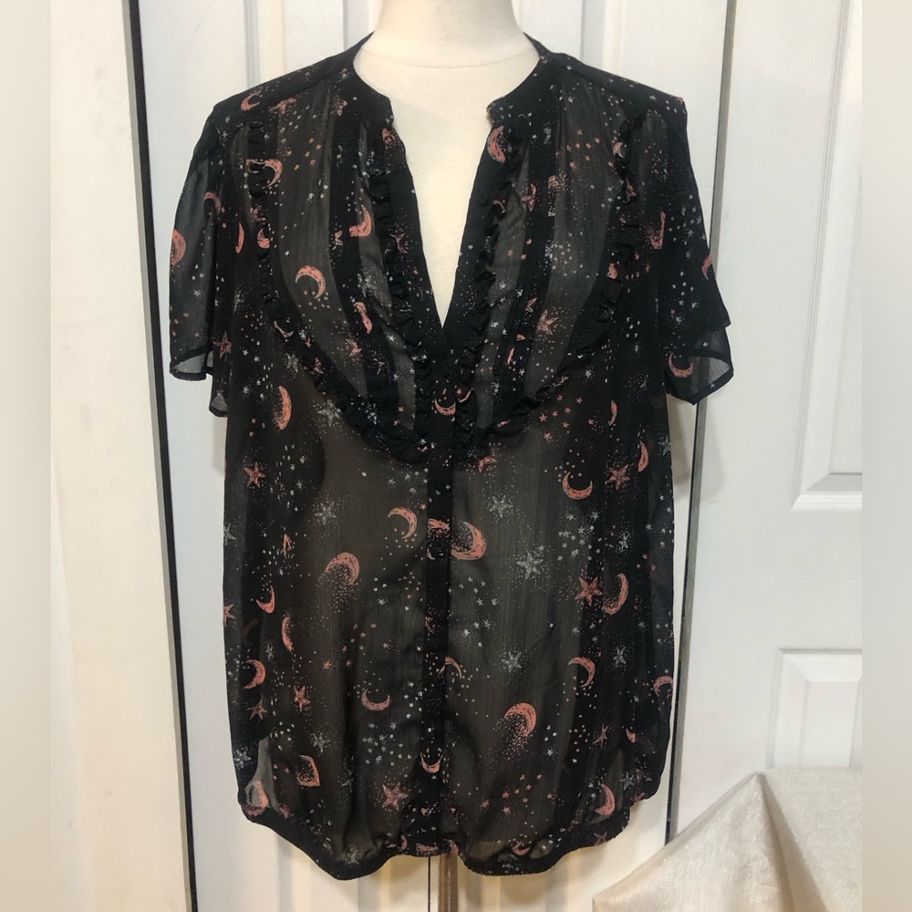 Torrid Sheer Ruffle Short Sleeve Celestial Moon and Stars Witchy Black Shirt